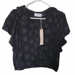 Mustard Seed Embroidered Black Floral Blouse SZ LG With Flaw